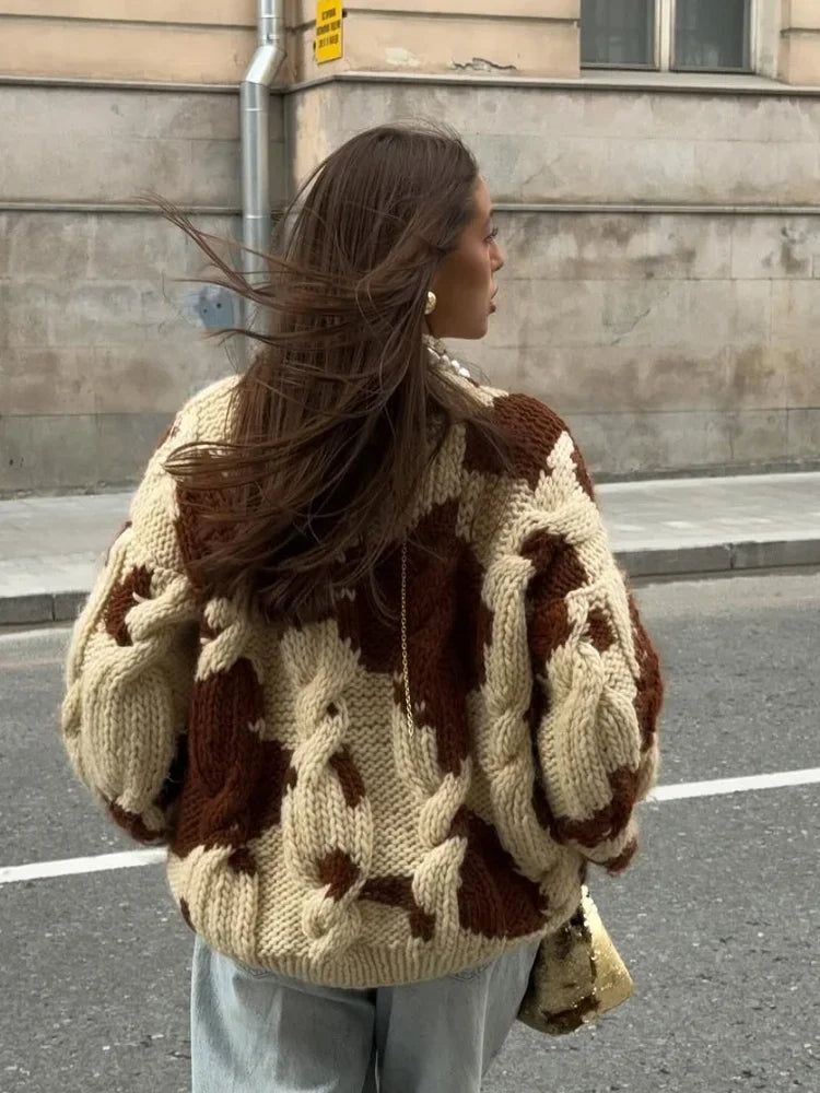 Women Chic Cow Pattern Sweaters Oversized High Neck Pullover Soft Chunky Knitted