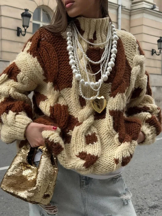 Women Chic Cow Pattern Sweaters Oversized High Neck Pullover Soft Chunky Knitted