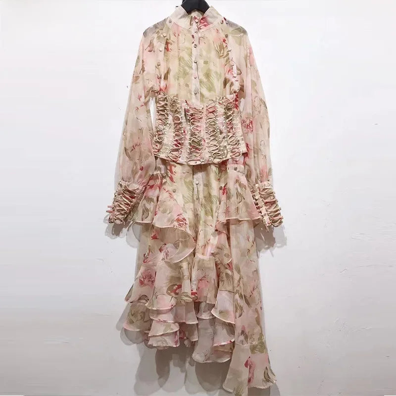Spring 2024 Heavy Industry Vintage Printing Asymmetrical Dress Retro Floral Midi Dress Net Red Thirteen Lines One Piece Delivery