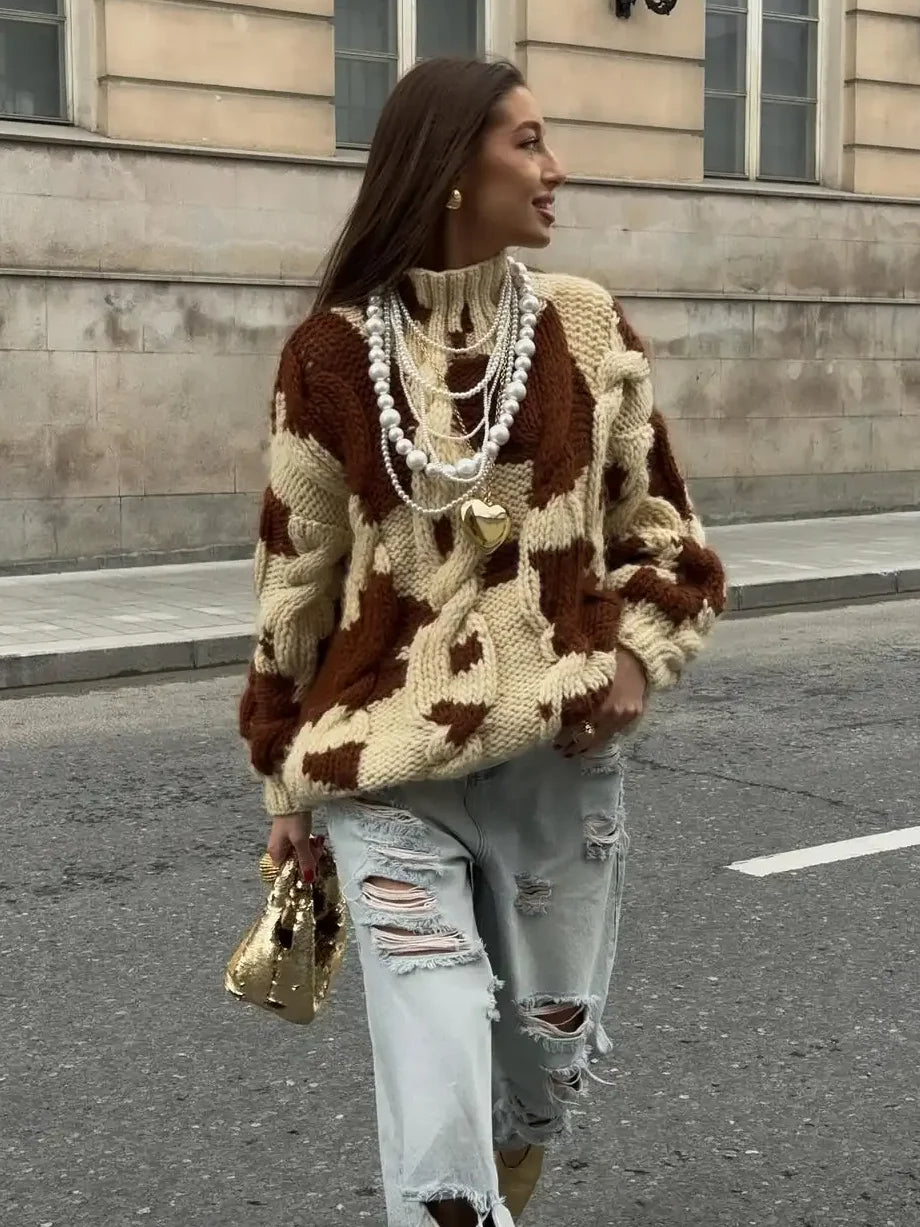 Women Chic Cow Pattern Sweaters Oversized High Neck Pullover Soft Chunky Knitted