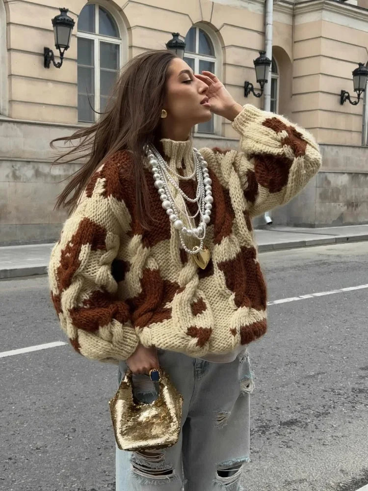 Women Chic Cow Pattern Sweaters Oversized High Neck Pullover Soft Chunky Knitted