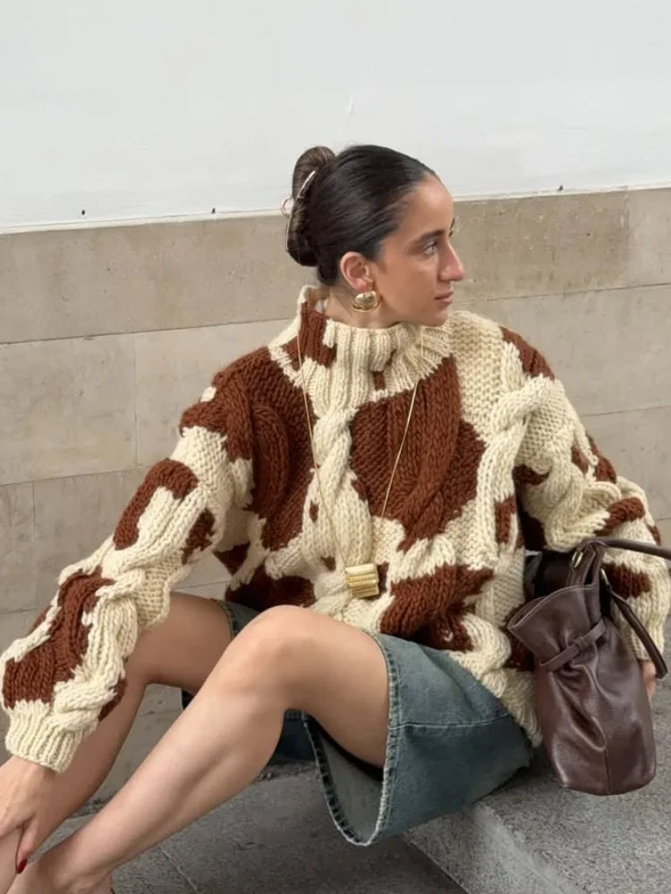 Women Chic Cow Pattern Sweaters Oversized High Neck Pullover Soft Chunky Knitted