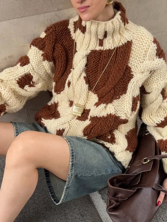 Women Chic Cow Pattern Sweaters Oversized High Neck Pullover Soft Chunky Knitted