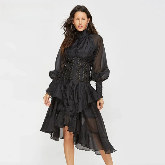 Spring 2024 Heavy Industry Vintage Printing Asymmetrical Dress Retro Floral Midi Dress Net Red Thirteen Lines One Piece Delivery