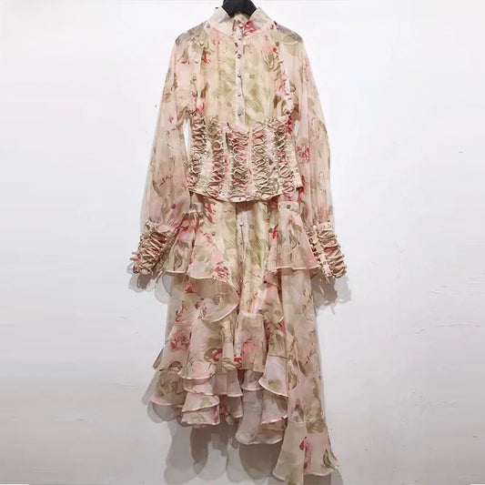 Spring 2024 Heavy Industry Vintage Printing Asymmetrical Dress Retro Floral Midi Dress Net Red Thirteen Lines One Piece Delivery